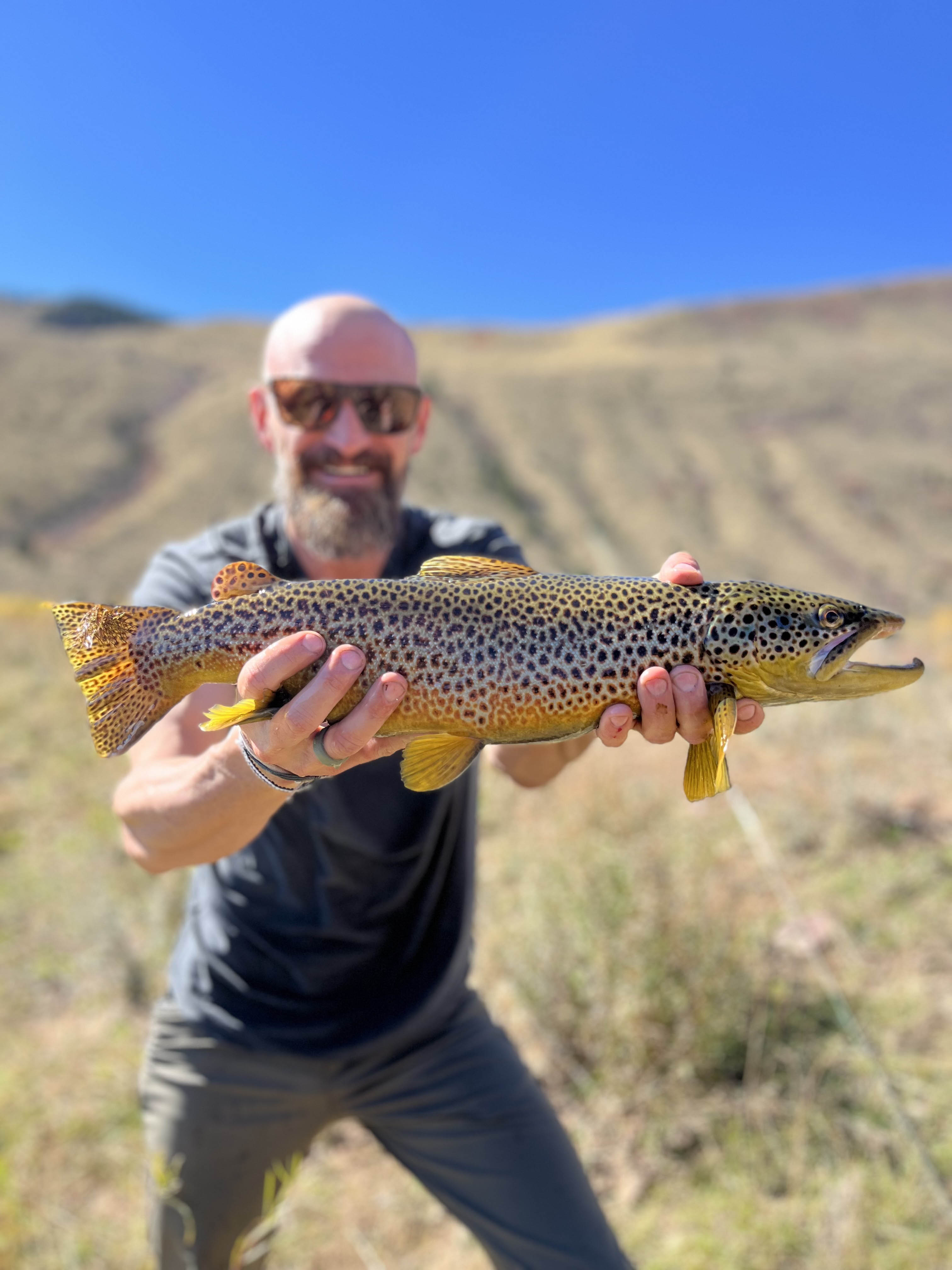 Matt Smith, Founder and Executive Director of Teach a Human to Fish, holding a brown trout on a Utah hillside